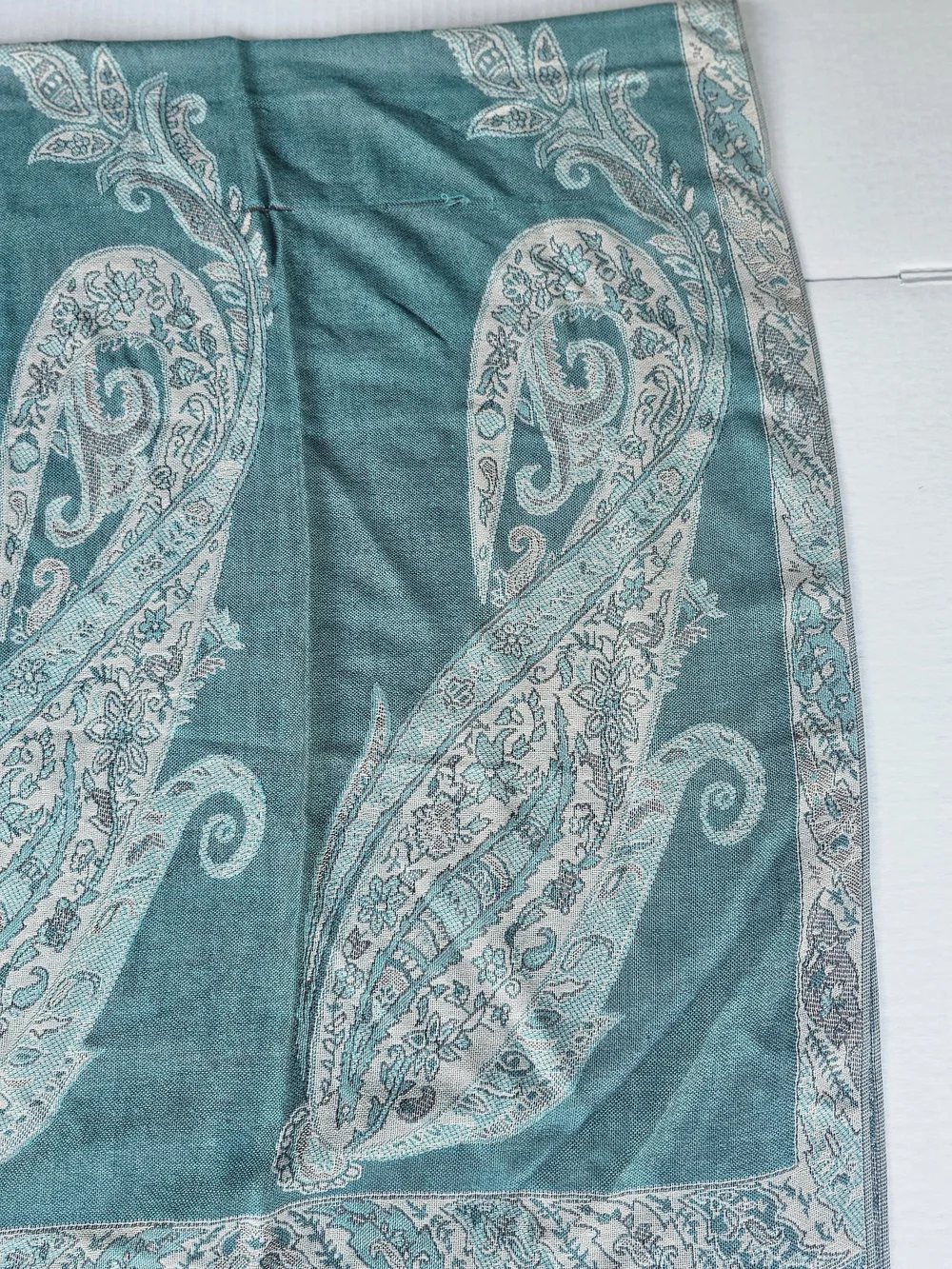 Teal Ivory Paisley Woven Fringe Rectangle Scarf Wrap Women Polyester Acrylic